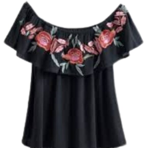 Prosperity Floral embroidered Ruffle black off-shoulder Top Boho Size Med - Picture 4 of 9